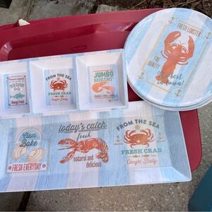 Seafood Themed Serving Tray, 3 compartment tray and eight dinner plates